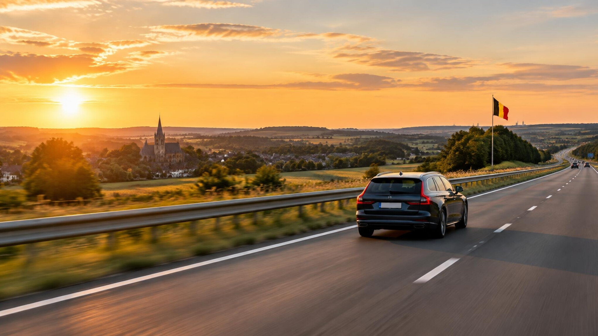 Car driving on a open road at sunset