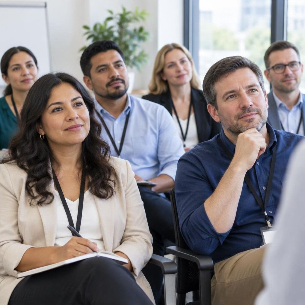 Colleagues listening in a workshop