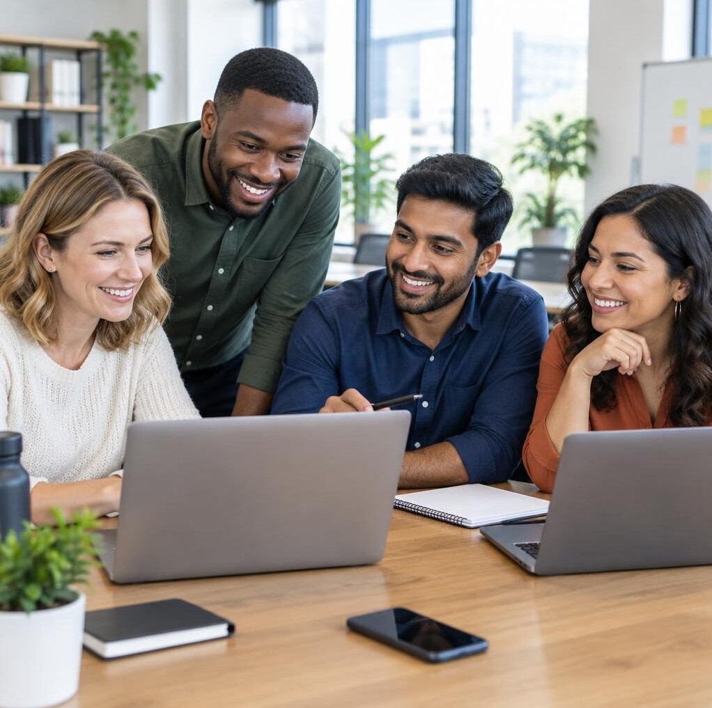 Team collaborating at a shared desk