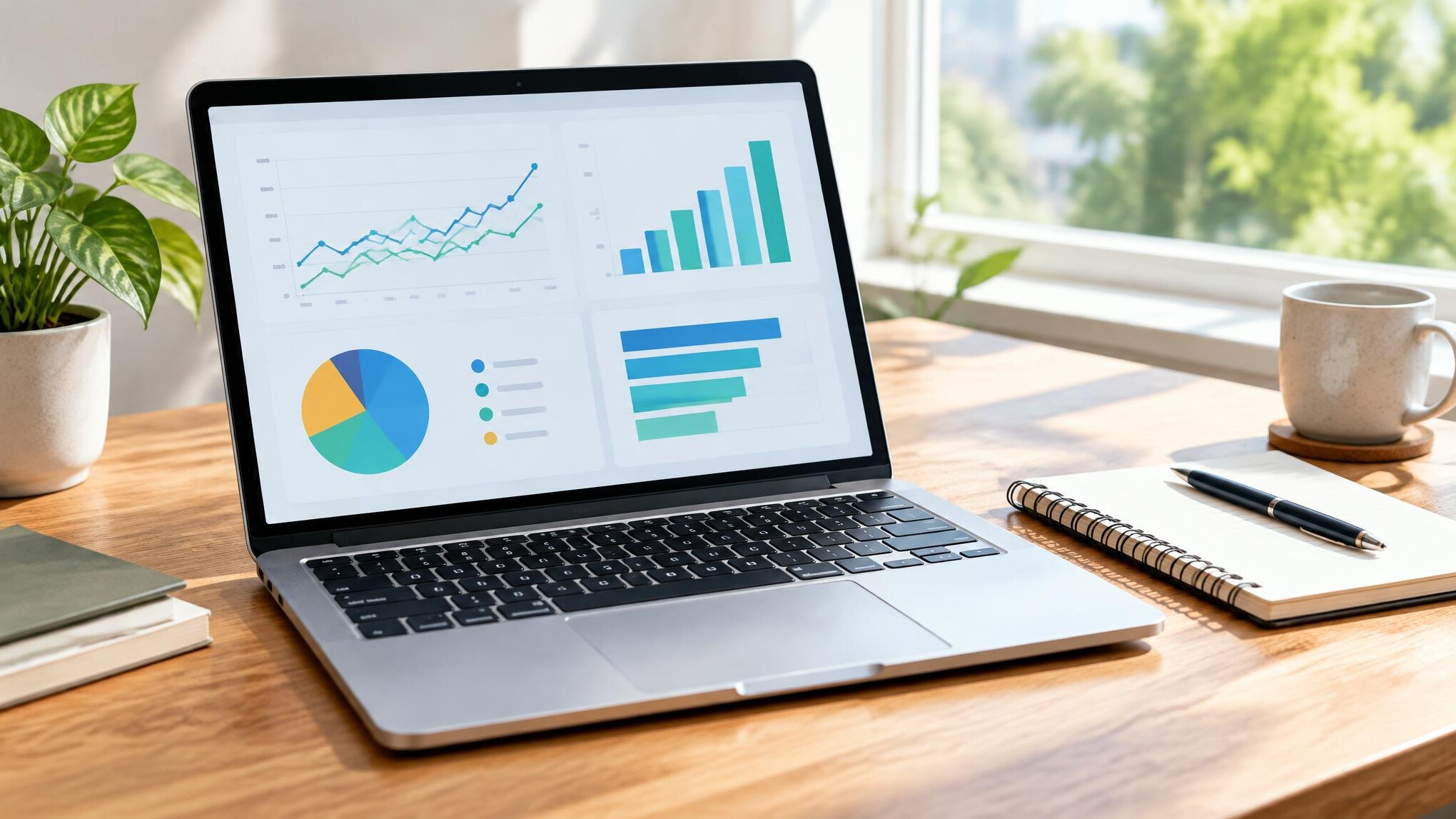 Laptop with analytics charts on a desk